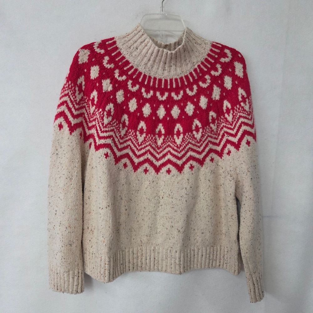 Old Navy Alpine Fair Isle Sweater Womens L Cream Red‎ Mock Neck Nordic Outdoor